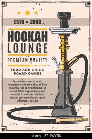 Hookah lounge bar retro poster. Smoke shop with food and drinks, board games. Hookah club and house emblems vector. Instrument for vaporizing and smok Stock Vector