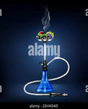 Colored and isolated stylish realistic hookah fruit composition on dark blue background vector illustration Stock Vector