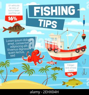 Fishing sport tips, fishers boat and octopus, carp and perch, salmon and trout fish. Hooks and baits, island with palms and sand. Outdoor activity or Stock Vector