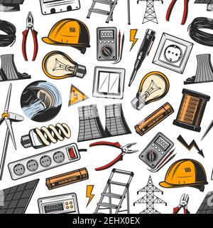 Electricity and energetics vector seamless pattern. Helmet and light bulb, socket and switch, wire and voltmeter, hydro or wind power plant, solar bat Stock Vector