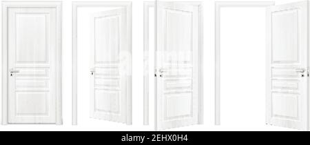 Four isolated wooden doors realistic icon set open and closed in white colors vector illustration Stock Vector
