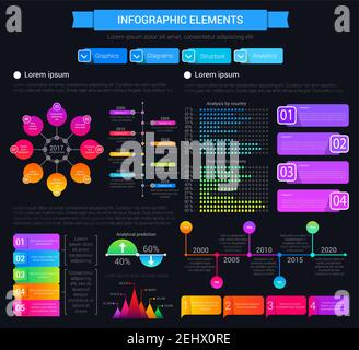 Graphic and charts, diagram infographics design vector elements. Percentage and statistics data, analytical prediction, color schemes and triangles. R Stock Vector