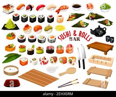 Sushi and rolls from Japanese cuisine, vector. Salmon and perch, tuna and caviar, wasabi and soy sauce, avocado and ginger, chopsticks and tray. Raw s Stock Vector