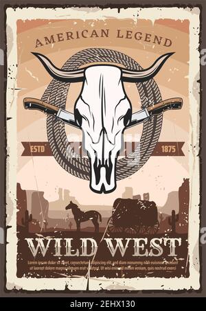 American wild west retro poster with bull skull, knives and lasso rope. Vintage carriage with horse in desert among cactus silhouettes, retro vector d Stock Vector