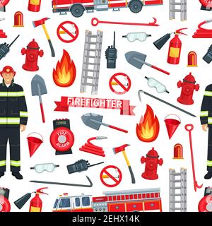 Firefighting pattern background. Vector seamless design of firefighter man and fire fighting equipment, extinguisher engine with safety ladder, spade Stock Vector