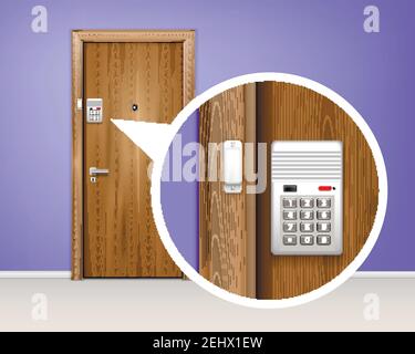 Brown wooden door alarm system realistic 3d composition with code or password vector illustration Stock Vector