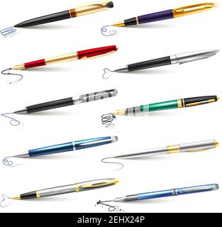 Colored and realistic business fountain pen icon set with blue black ink and ballpoint fountain pens vector illustration Stock Vector