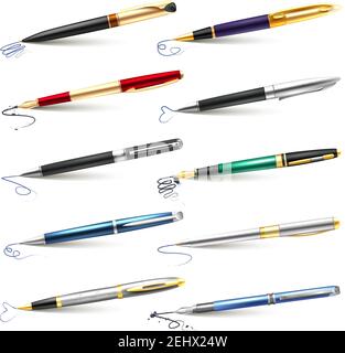 Colored and realistic business fountain pen icon set with blue black ink and ballpoint fountain pens vector illustration Stock Vector