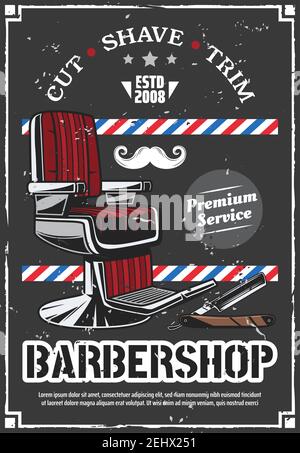 Barbershop salon premium retro poster grunge design. Vector barber chair with shave razor, mustaches and quality stars for haircut and beard trimming Stock Vector
