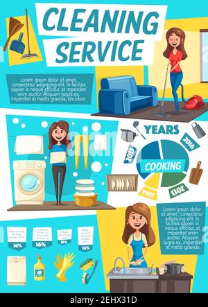 House cleaning service vector infographic, housewife vacuuming a floor, doing laundry and washing dishes. Clean clothes and vacuum cleaner, dishware a Stock Vector