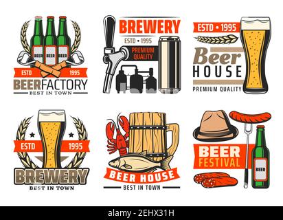 Beer pub or brewery bar icons of beer mugs and bottles with snacks, hop and malt. Vector isolated set of opener, brewing production factory, sausage a Stock Vector