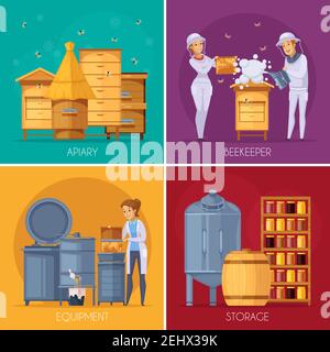 Apiary production concept 4 cartoon concept square with  beehives beekeepers collecting honey and storage equipment isolated vector illustration Stock Vector