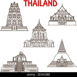 Thailand Buddhist temples architecture vector icons. Thin line facades of Wat Phra Singh, Chedi Luang or Mun and Pathommachedi or Pathom Chedi in Chia Stock Vector