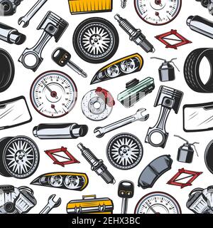 Car spare parts seamless pattern background of auto vehicle details and accessories. Vector piston, engine and spark plug, gear, wrench and starter, w Stock Vector