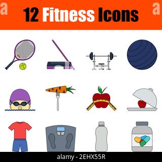 Fitness Icon Set. Flat Color Outline Design With Editable Stroke. Vector Illustration. Stock Vector