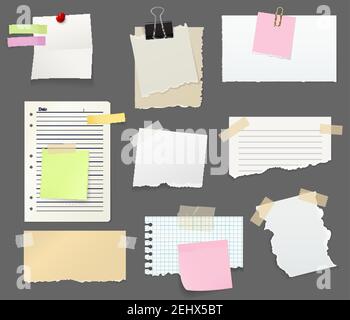 Notes and reminders or paper with clips, pin and tape. Torn sheets pieces to write short messages for office and work place. Stationery and color book Stock Vector