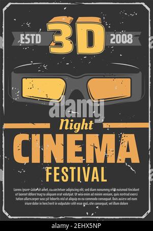 Cinema festival of 3D movies premiere night retro grunge old poster. Stereoscopic film glasses vector vintage design of cinematography or cinema theat Stock Vector