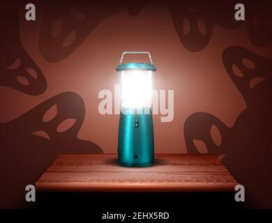 Realistic blue metal lighting electric lamp stands on the wooden table and illuminates scared hgost faces around vector illustration Stock Vector