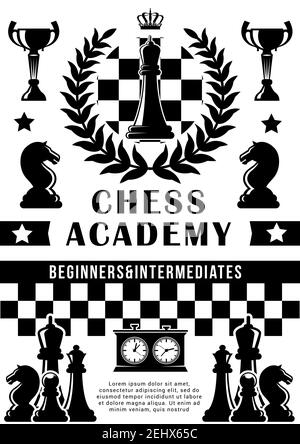 Chess academy or training school poster. Vector chess tournament and championship game design of horse and pawn, rook and king crown on chessboard and Stock Vector