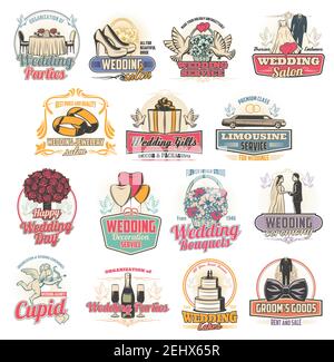 Marriage ceremony or wedding arrangement services icons. Party and salon, jewelry and gifts, limousine ordering and decoration, cake and bouquet. Groo Stock Vector