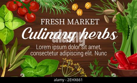 Herbs for culinary from market banner with seasonings for dressing. Cherry tomatoes and rosemary, gooseberry and thyme, salad and chili pepper, mint a Stock Vector