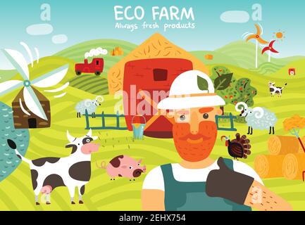 Eco farm composition with worker, barn, windmills, garden, domestic animals on green fields background vector illustration Stock Vector