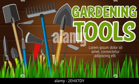 Gardening tools banner with agriculture equipment for garden market. Shovel and rake, spade and scissors, secateur and pruner, axe and hoe on grass. H Stock Vector