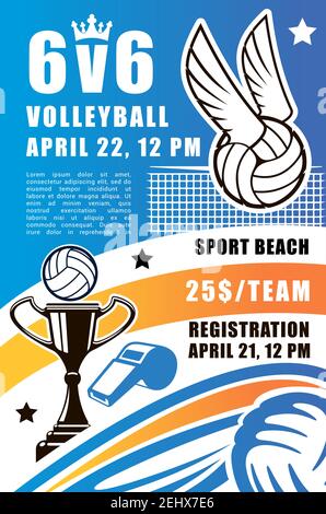 Volleyball sport game vector poster. Beach volley tournament registration leaflet or flyer, design of volleyball ball with wings and net, champion cup Stock Vector