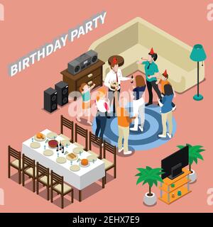 Birthday party isometric composition with feast table, congratulations of people, home interior on pink background vector illustration Stock Vector