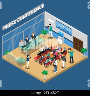 Press conference isometric composition with speakers and auditorium, video and photo shooting on blue background vector illustration Stock Vector