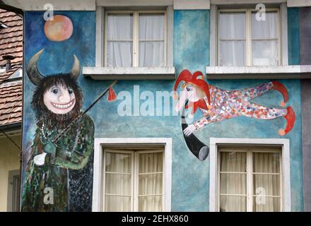 Lucerne, Switzerland, the facade of the house with murals (or graffiti) in the old town Stock Photo