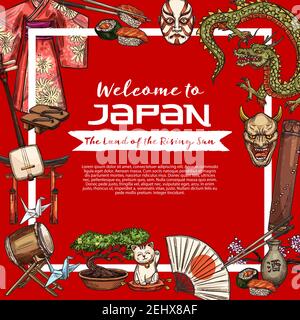 Welcome to Japan travel poster. Vector silk kimono of geisha, samisen musical instrument and origami swan, theater masks and dragon, geta and torii ga Stock Vector
