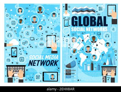 Social media and global network, internet business technology concept. Social media and digital marketing research poster with computer and mobile pho Stock Vector