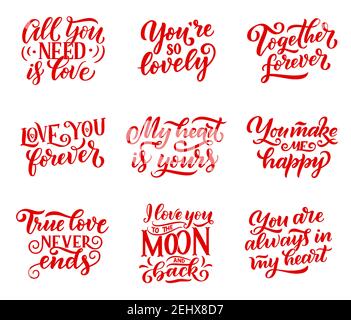 Happy Valentines Day and declaration of love hand drawn calligraphy text for greeting card wishes. Celebration and holiday, congratulation lettering o Stock Vector