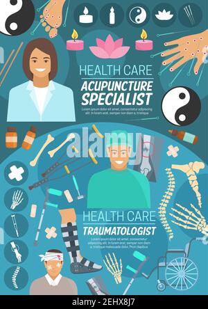 Orthopedics and acupuncture medicine, vector. Doctors, human organs, essential oil and candles, skeleton and crutches, X-ray and wheelchair, bandage a Stock Vector