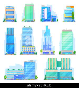 Shopping mall glass multi-storey buildings, store and mart vector icons. Facades of business center, modern skyscraper and store constructions, office Stock Vector
