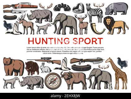 Hunting on animals and guns for hunt poster. Knife and weapon, wildlife animals rhinoceros and elephant, deer and lion, zebra and bear, giraffe, reind Stock Vector