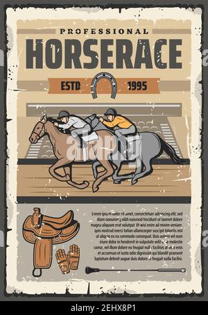 Horse racing retro vector poster, riders and stallions in saddle. Equestrian sport club or event, competition. Vintage design, jockey with stick and g Stock Vector