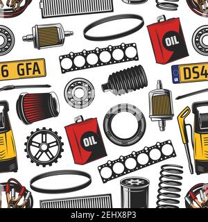 Vehicle service seamless pattern, car spare parts and fuel canister, oli filter and spring, vacuum cleaner, engine details and numbers. Vehicle and tr Stock Vector