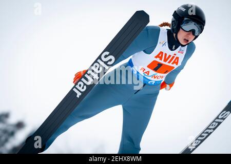 Rasnov, Romania. 20th Feb, 2021. February 20, 2021: Andreea Trambitas (ROU) during the FIS Ski Jumping World Cup (Normal Hill Mixed Team - 26th World Cup Competition) Rasnov (ROU) 2021 at Valea Carbunarii, Rasnov, Romania ROU. Foto Credit: Cronos/Alamy Live News Stock Photo