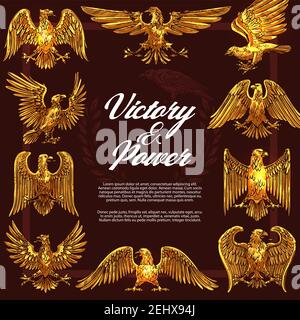 Eagle or hawk as heraldic symbol of victory and power in frame. Golden vector mascot and legendary beast or creature symbolizing strength and nobility Stock Vector