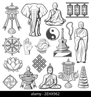 Buddhism religion icons and signs isolated. Lotus and rosary, elephant, fingers showing ok, Buddha in meditation pose. Swastika and monk, stones and d Stock Vector