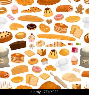 Seamless pattern pastry, bread, bakery products, desserts and sweets. Baguette and toasts, chocolate cakes, cupcakes, croissants and assortment of des Stock Vector