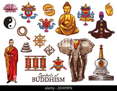 Buddhism religious meditation and Zen symbols. Vector Buddha monk mudra, Yin Yang fish sign or Dharma wheel and temple drums, elephant and Buddhist vi Stock Vector