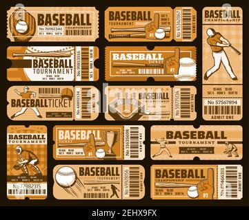 Baseball match tickets, championship and tournament, stadium admission. Vector sporting items, glove and ball, bat and helmet. Trophy cup and player, Stock Vector