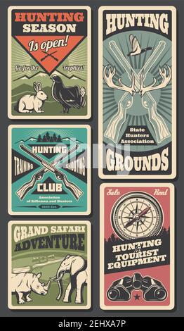 Hunting open season, wild animals and wildfowl hunt club. Vector hunter ...