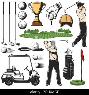 Items for golf sport icons and player with stick, play course and cart. Ball and putter, wedge and iron, wood and hybrid, hole and flag, Gold trophy c Stock Vector