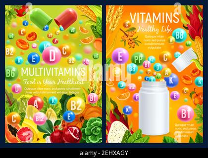Vitamins and multivitamin supplement complex capsules and pills. Vector vitamins in fruits, vegetables and salads, nuts and berries food. Health care, Stock Vector