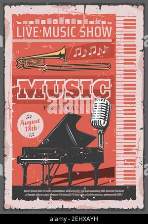 Live music show retro poster, musical festival of jazz or orchestra concert. Vector vintage design of piano with trombone or singer microphone and not Stock Vector