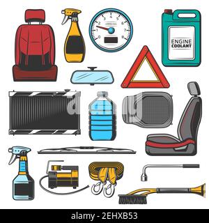 Car parts and means for vehicle maintenance sketches. Seat for salon and mirror, speedometer and triangle sign, engine coolant and windscreen wiper. S Stock Vector
